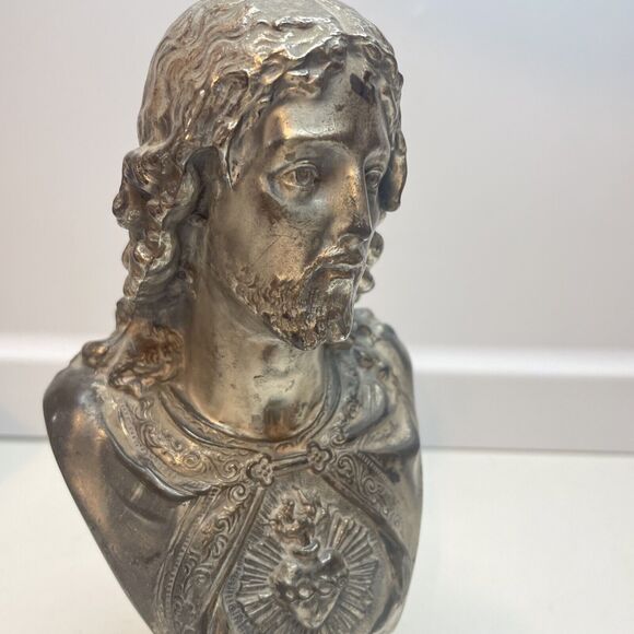 Antique Silver Plate Sacred Heart Statue Of Jesus About 7”H - Picture 2 of 9